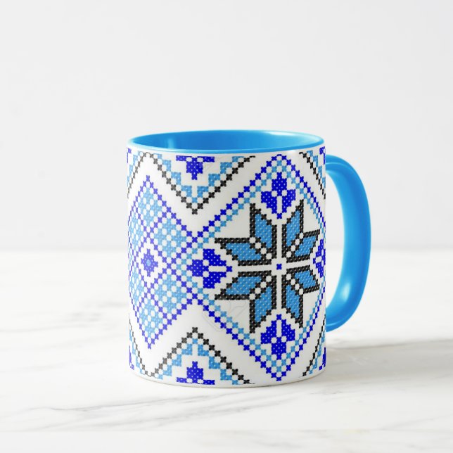 Taza geométrica azul del bordado de Vyshyvanka del (Anverso derecho)
