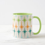 Taza geométrica del campanero de Starbursts del<br><div class="desc">Vintage. Geometrics. Starbursts. Si usted ama cualesquiera de esas palabras, esta taza geométrica del campanero de Starbursts del vintage retro está para usted. Características del este diseño moderno de los mediados de siglo un fondo poner crema con filas de la turquesa, de la verde lima, del naranja, y de starbursts...</div>