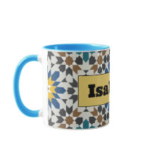 Taza geométrica moderna azul y granate con persona