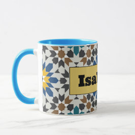 Taza geométrica moderna azul y granate con persona