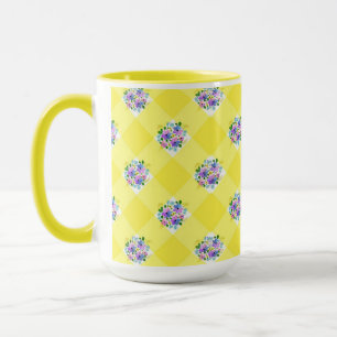 Taza Gingham amarillo y floral azul morado