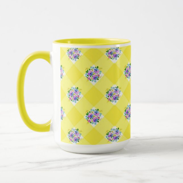 Taza Gingham amarillo y floral azul morado (Izquierda)