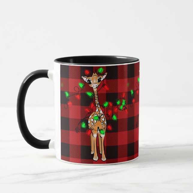 Taza Giraffe de vacaciones , tartán rojo, luces de trin (Izquierda)