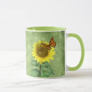 Taza Girasol amarillo bonito y mariposa Naranja