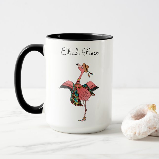 Taza Girlie Personalizado Flamingo y Nombre de Bohemia  (Con donut)