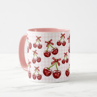 Taza Girly Coquette Pink Gingham Red Cherry Mug