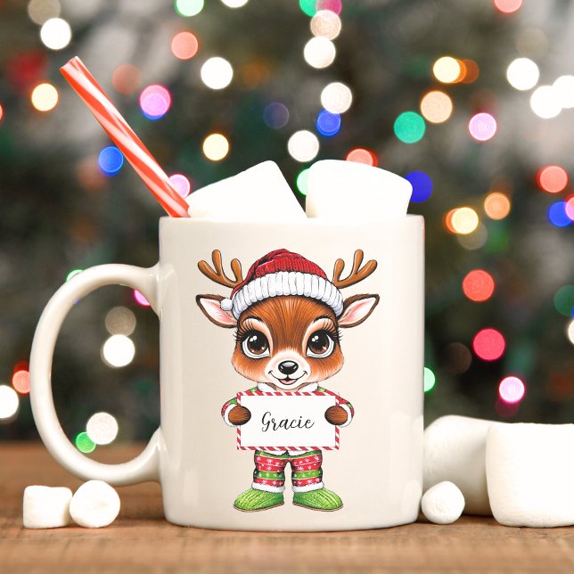 Taza Girly Cute Baby Reindeer Mug (Christmas reindeer mug with personalized sign.)