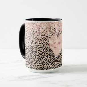 Taza Glam Gold Leopard Print Purpurina Rosa Love Heart