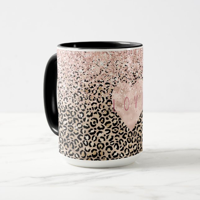 Taza Glam Gold Leopard Print Purpurina Rosa Love Heart (Anverso izquierdo)