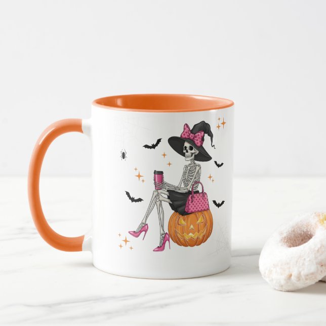 Taza Glam Skeleton Witch con calabaza Halloween Spooki (Con donut)