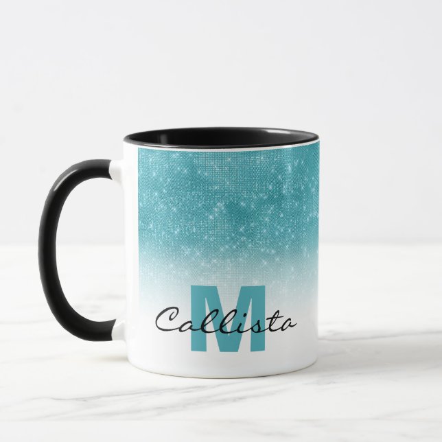 Taza Glamoroso Aqua Blue Purpurina Sequin Ombre Monogra (Izquierda)