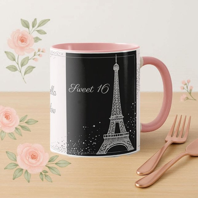 Taza Glitter Rosa Sonrojo Dulce Cumpleaños 16 París Chi (Blush Pink Glitter Sweet 16 Birthday Parisian Chic Mug)