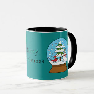 Taza Globe de nieve con cardenal Snowman y árbol de pin