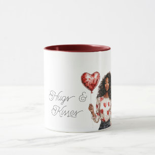 Taza Globo de Corazón Rojo Chica Negra San Valentín Abr
