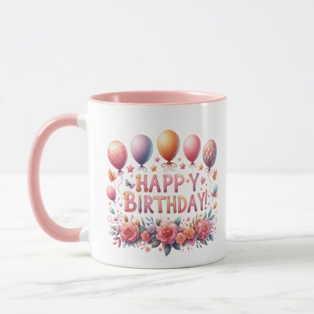 Taza Globos Cute Happy Birday flores añaden monograma (Izquierda)