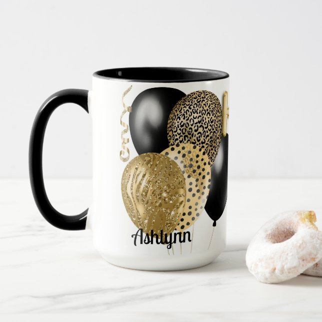 Taza Globos de oro personalizados Felices 18 años (Con donut)