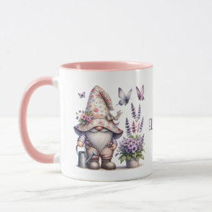 Taza Gnomo de Monograma Flores Rosadas Moradas Mariposa