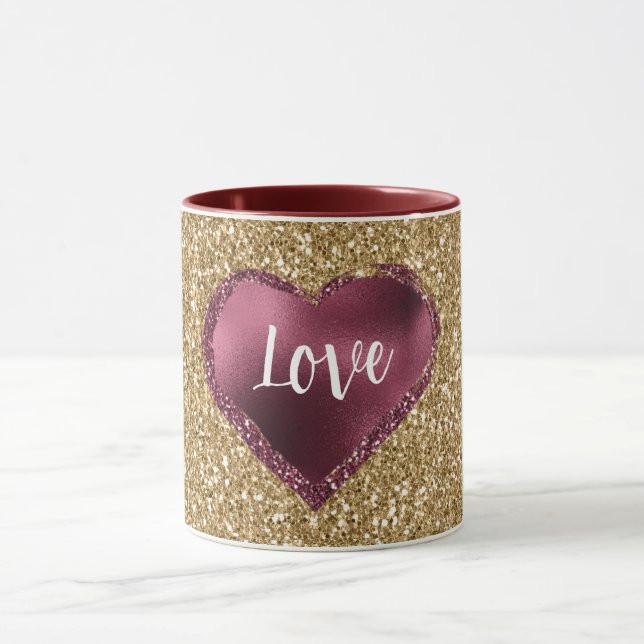 Taza Gold Glitter Burgundy Red Heart Love (Centro)