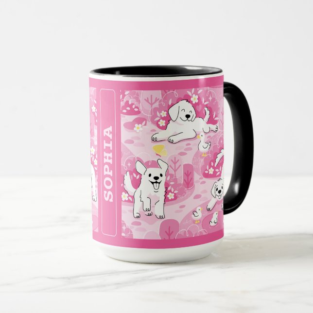 Taza Golden Retriever Puppy in Pink Garden (Anverso derecho)