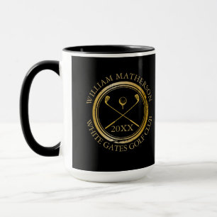 Taza Golfer and Club Name Date Black and Gold