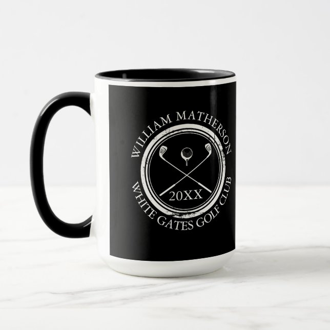 Taza Golfer and Club Name Date Black and White (Izquierda)