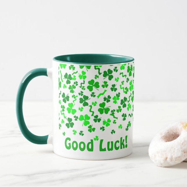 Taza Good Luck Four Leaf Clover Shamrocks Personalized (Con donut)