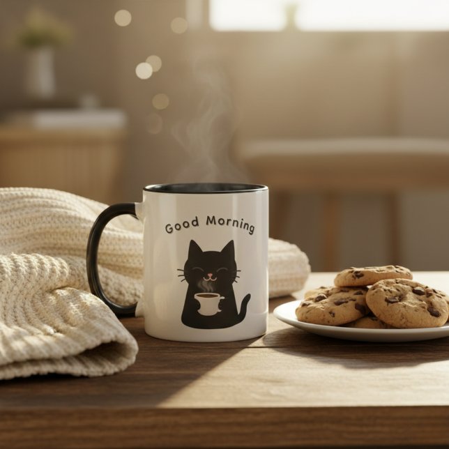 Taza Good Morning with Cute Black Cat Coffee (Subido por el creador)