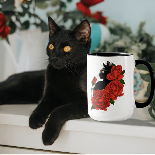 Taza Gótico Gato Negro Rosas Rojas Púrpura
