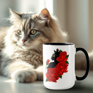 Taza Gótico Gato Negro Rosas Rojas Púrpura