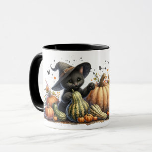 Taza Gourds de Halloween Black Witch's Kitten W/ Pumpki