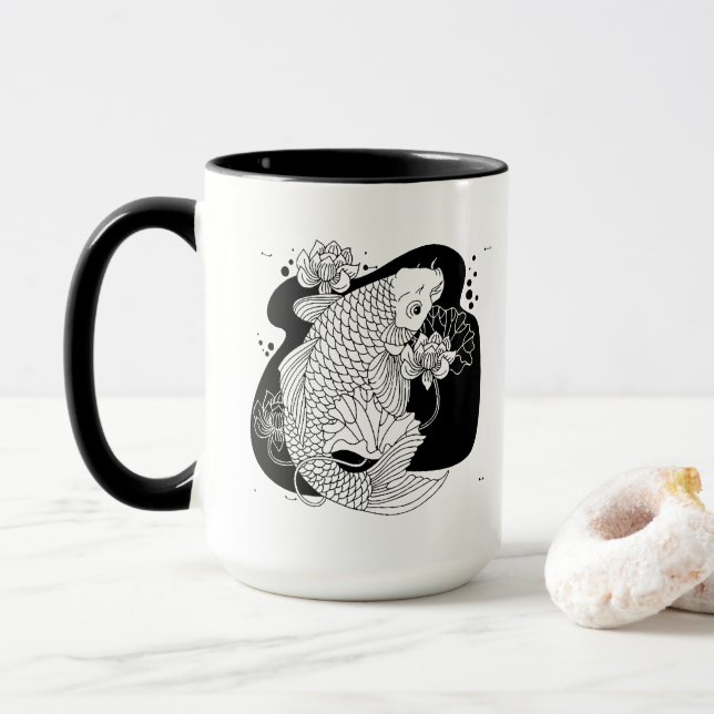 Taza Graceful Koi & Lotus Mug – Zen Minimalist Art (Con donut)