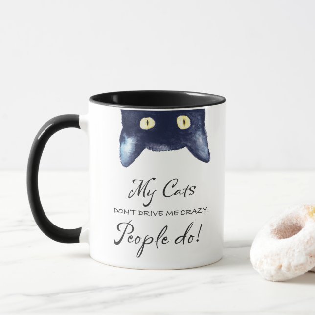 Taza Graciosa dama de gato negro y blanco loco (Con donut)