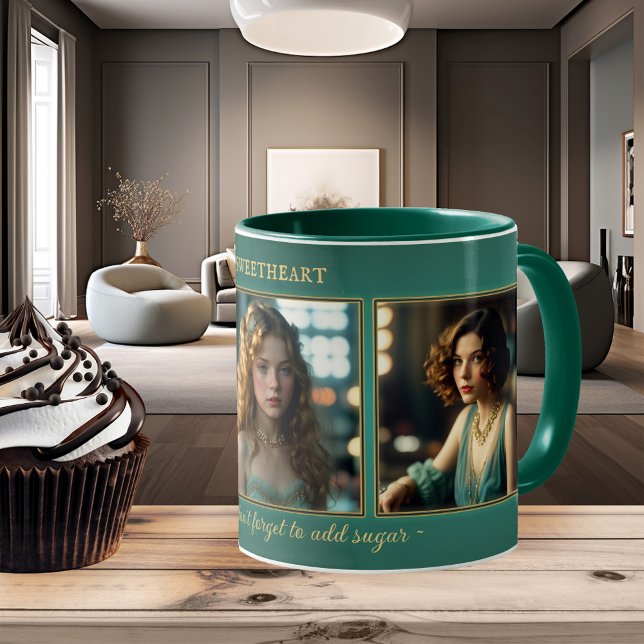 Taza Graciosa foto de mujeres de Art Deco Verde azulado (Funny photo mug featuring 3 art deco style women (or your own photos) framed by a teal green design)