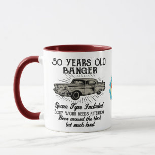 Taza Gracioso 50 cumpleaños Retro Car Banger Agregar fe