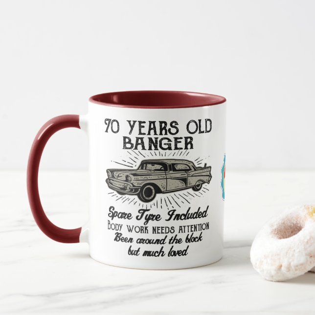 Taza Gracioso 70 cumpleaños Retro Car Banger Agregar fe (Con donut)