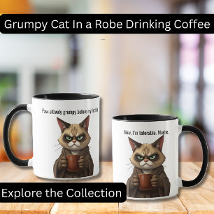 Taza Gracioso gato gruñón en un rollo y café