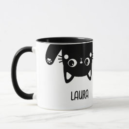 Taza Gracioso gato negro boca abajo con nombre Mug