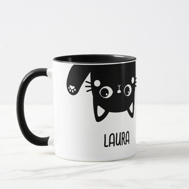 Taza Gracioso gato negro boca abajo con nombre Mug (Izquierda)