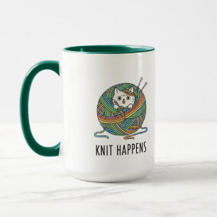 Taza Gracioso Knitting Cat Yarn Art "Knit Happens" Impr