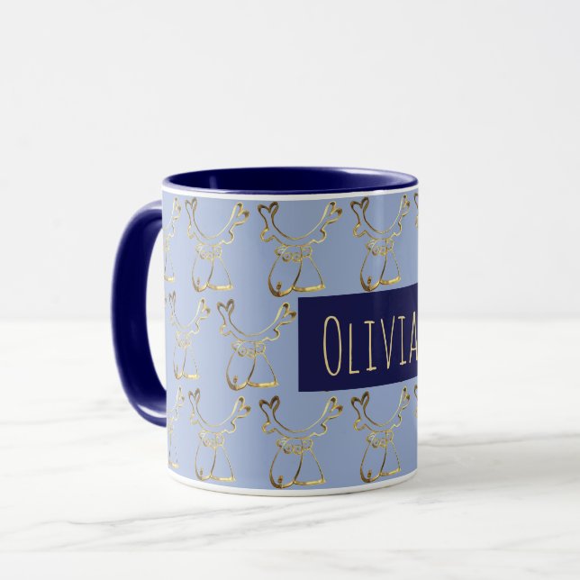 Taza Gracioso patrón de reno lindo Elegante Blue Faux G (Anverso izquierdo)