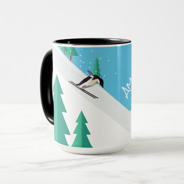 Taza Gracioso pingüino deportivo en pista de esquí Niev (Anverso izquierdo)