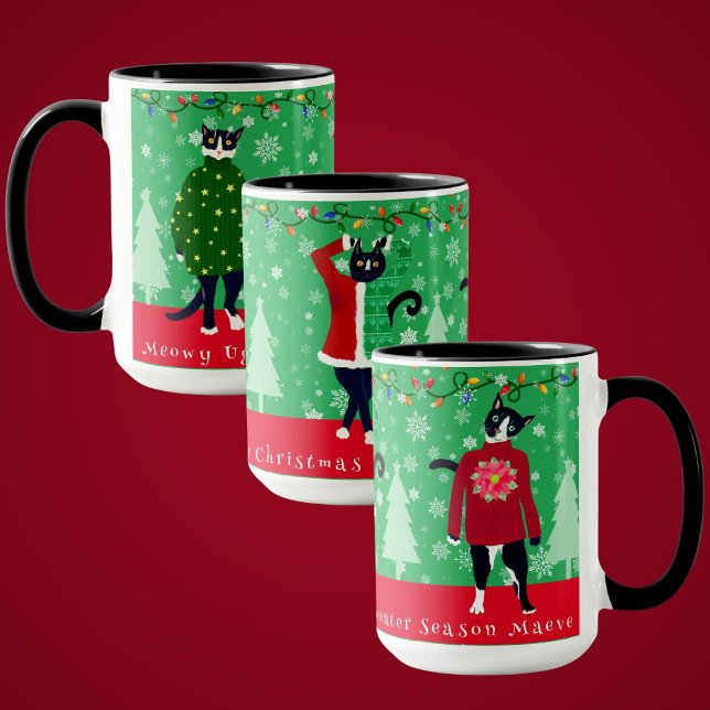 Taza Graciosos Gatos Meowy En Navidades Feo Sweaters Mu (Tuxedo cats model ugly Christmas sweaters funny personalized holiday mug)