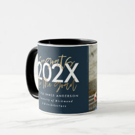 Taza Graduación de fotos de escritura moderna en azul y