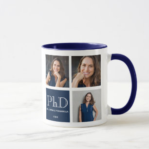 Taza Graduación de PhD azul de tres fotos