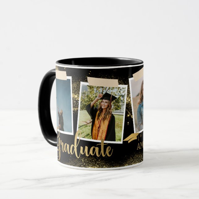 Taza Graduado de Oro Foto Nombre de Graduación Negra (Anverso izquierdo)