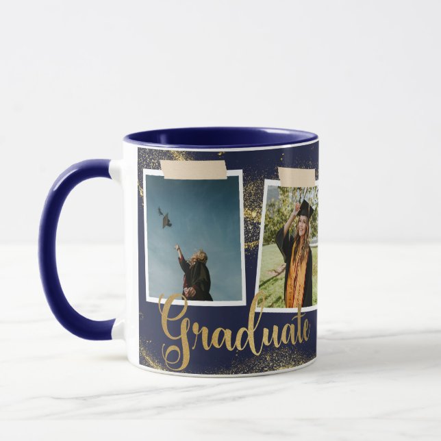 Taza Graduado de oro Nombre de foto azul (Izquierda)