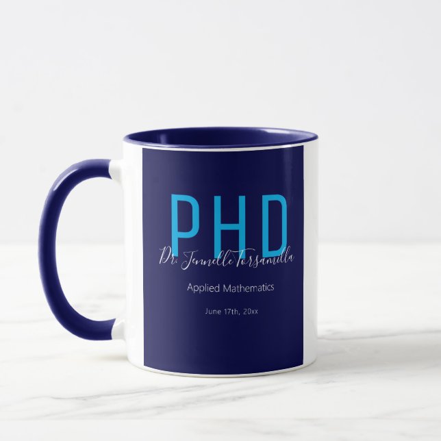 Taza Graduado de PhD con nombre azul (Izquierda)