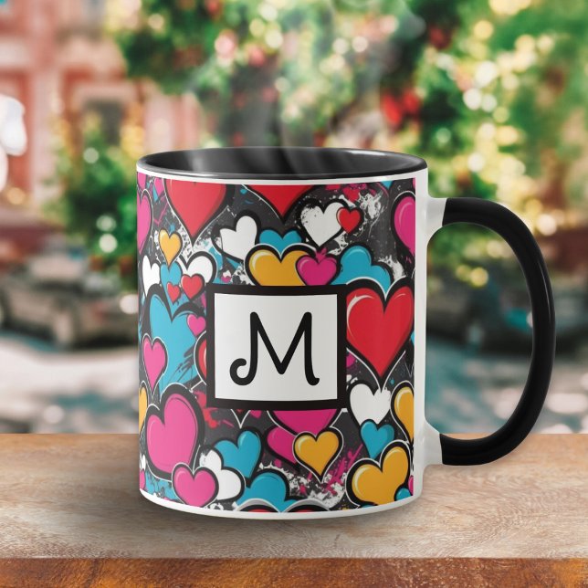 Taza Graffiti Hearts Colorful Pattern Monogrammed (A colorful coffee mug with monogram initial and vibrant graffiti hearts design in street art style)