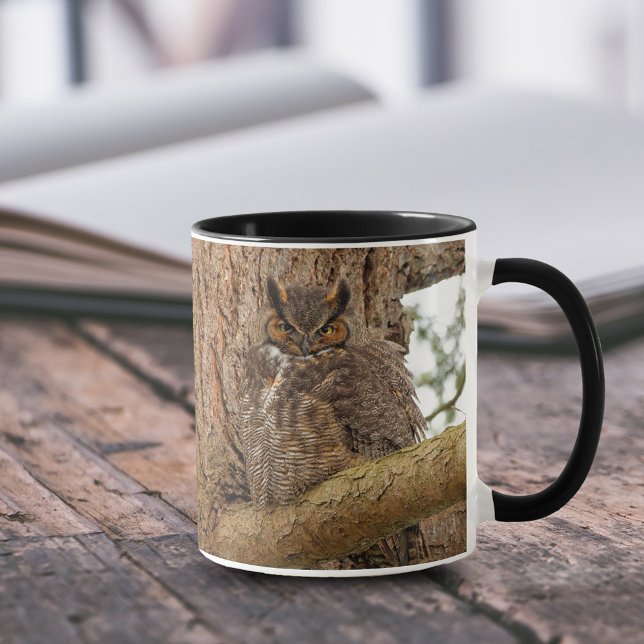 Taza Gran rapaz de búho en Douglas Fir (Great Horned Owl in Douglas Fir 11 oz Coffee Mug Cover Photo.)