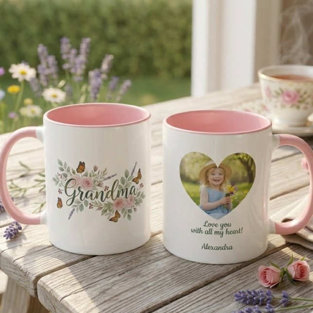Taza Grandma Floral Mug - Watercolor Botanical Gift (Personalized photo heart grandma coffee mug)